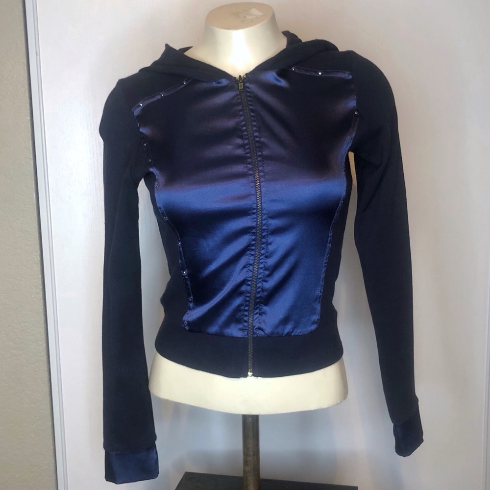 Navy zip up hoodie with rhinestone detail